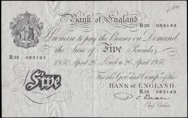 Five Pounds Beale White Note B270 dated 26th April 1950 serial number R35 083143...
