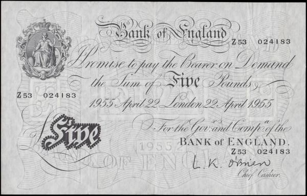 Five Pounds O'Brien White note B275 Thin paper Metal thread LONDON branch issue ...
