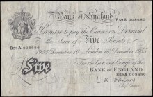 Five Pounds O'Brien White note B276 Thin paper Metal thread LONDON branch issue dated 16th December 1955 serial number B59A 008680, VF previously moun...