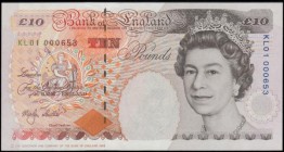 Ten Pounds QE2 & Charles Dickens B382 Orange-Brown issue 1999 and very FIRST RUN and LOW serial number KL01 00653, UNC and these low numbers very coll...