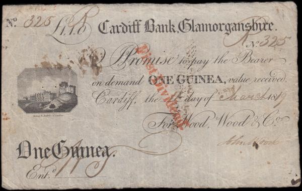 Cardiff Bank, Glamorganshire 1 Guinea dated 11th March 1819 No. R325 For Wood, W...