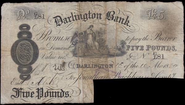 Darlington Bank 5 Pounds No. G/L 81 dated 15th October 1889 For Jonathan Backhou...