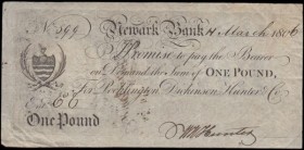 Newark Bank 1 Pound dated 11th March 1806 No.599 For Pocklington, Dickinson, Hunter & Co., manuscript signature of Wm. Hunter (Outing 1488b; Grant 199...