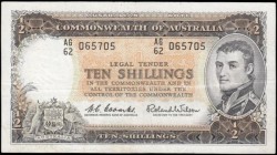 Australia Reserve Bank 10 Shillings Pick 33a (McD 25, Rks. 17) ND 1961-65 signatures Coombs & Wilson serial number AG/62 065705, presentable good Fine...