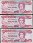 Bahamas (3) a high grade, about UNC - UNC, consecutively numbered trio of the QE2 portrait 3 Dollars Pick 44 Law of 1974 (1984) signature William C. A...
