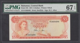 Bahamas Central Bank 5 Dollars Pick 37b Law of 1974 serial number K 369486 signature W. C. Allen, in a PMG holder and in the Exceptional grade 67EPQ (...