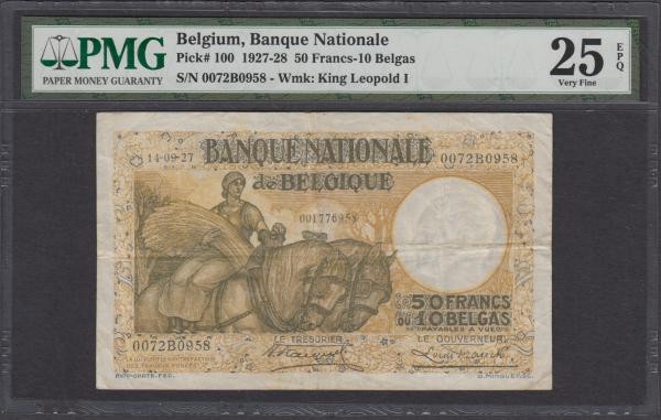 Belgium Banque Nationale 50 Francs / Frank = 10 Belgas / Belga Pick 100 dated 14...