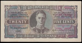 Ceylon Government 25 Cents Pick 44a dated 1st February 1942 serial number on back A/16 466585, EF and a pleasing always collectible World War II perio...