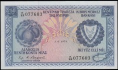 Cyprus Central Bank 250 Mils Pick 41b dated 1st July 1974 signature C. C. Stephani serial number K/44 077603, a fresh and crisp UNC and still retainin...