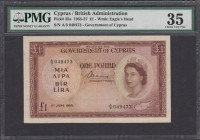 Cyprus Government 1 Pound Pick 35a first date of issue for this type 1st June 1955 serial number A/3 049473 signature Denis John Mahony. The note in b...