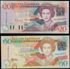 Eastern Caribbean (2) a high grade QE2 portrait pair, UNC or near so, consisting of a 20 Dollars Pick 44v ND 2003 serial number M 348896 V suffix V fo...