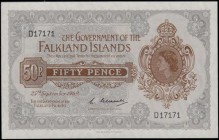 Falkland Islands Government 50 Pence UNC Pick 10a dated 25th September 1969 signature L. Gleadel titled Commissioner of Currency BINARY-RADAR serial n...