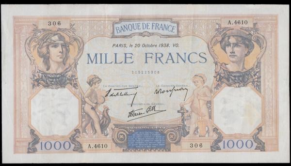 France (2) a pair of 1000 Francs including "Ceres Et Mercure" Type 1927 modified...