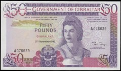 Gibraltar 50 Pounds Pick 24 dated 27th November 1986 signature B. Traynor serial number A 076639, about UNC - UNC. The highest denomination for the se...
