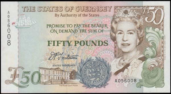 Guernsey 50 pounds Pick 59 (BY GU71a) ND1996 signature Trestain serial number A ...
