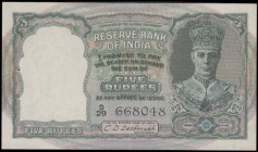 India Reserve Bank 5 Rupees Pick 23a (Razack-Jhunjhunwalla 4.4.1) ND 1943 signature Deshmukh black serial number variety D/29 668048, about UNC - UNC ...