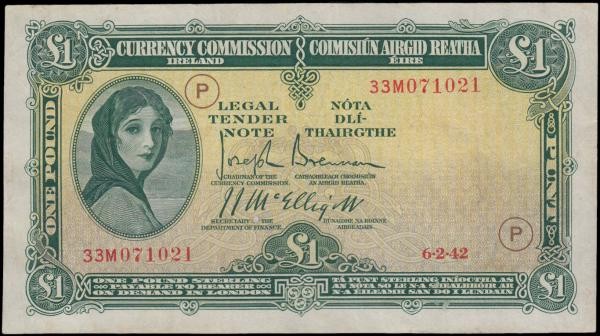 Ireland (Republic) Currency Commission Lady Lavery 1 Pound 'War Code' Letter P i...