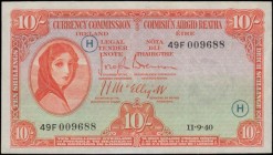 Ireland (Republic) Currency Commission Lady Lavery 10 Shillings 'War Code' Letter H in blue Pick 1C (PMI LTN17, BY E068) dated 11th September 1940 ser...
