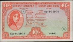 Ireland (Republic) Currency Commission Lady Lavery 10 Shillings 'War Code' Letter K in green Pick 1C (PMI LTN17, BY E068) first date for this war code...