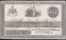 Ireland National Bank 1 Pound SPECIMEN PROOF on card PMS NA22 uniface in black and white SPECIMEN overprint on Manager signature area, Stg added to ce...