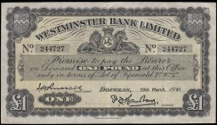 Isle of Man Westminster Bank Limited 1 Pound Pick 23Ab (BY IM10e, IOMPM M314) a very LAST date 10th March 1961 with date partially stamped and printed...