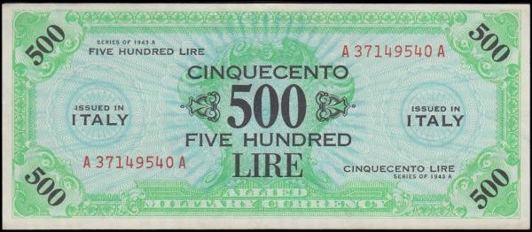 Italy Allied Military Currency World War II period 500 Lire Pick M22 series of 1...