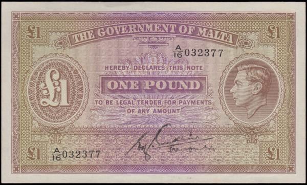 Malta Government 1 Pound Pick 20b ND 1940 variety with manuscript &ldquo;Treasur...