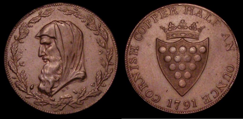 Halfpenny 18th Century Cornwall - County 1791 Obverse: Druid's head left, Revers...