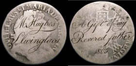 Engraved Crown William and Mary the obverse engraved :- M.Hughes Llwinglaes, the reverse engraved:- A Gift of my Revered father 1805, Fair, unusual to...