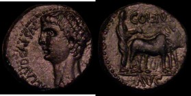 Roman Ae23 Claudius I Obverse: Bare head left TI CLAVD CAESAR [AVG GERM] , Reverse: Claudius, veiled as the founder, ploughing right with two oxen, RP...