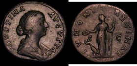 Roman Sestertius Faustina Jr. (161-180AD) Rome Mint. Obverse: Draped bust right wearing circle of pearls FAVSTINA AVGVSTA, Reverse: Juno. Veiled, stan...