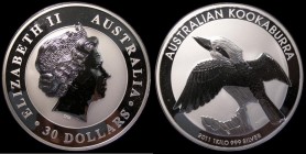 Australia 30 Dollars 2011 Kookaburra One Kilo of .999 Silver, Kookaburra about to take flight, unlisted by Krause, UNC in capsule with no certificate