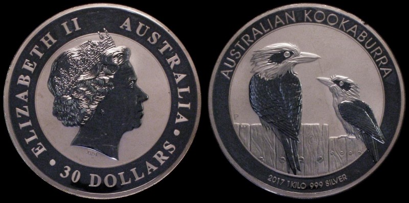 Australia 30 Dollars Kookaburra 2017P One Kilo of .999 Silver Lustrous UNC light...