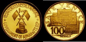 Ajman - United Arab Emirates 100 Riyals Gold undated (1971) Obverse: State Emblem with denomination above, bust below, Reverse: Courthouse with denomi...