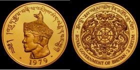 Bhutan 2 Sertum 1979 Gold, Obverse: Crowned Bust left, Reverse: Two Dragons around an inner circle KM#52 Gold Proof nFDC/FDC with a very small spot in...