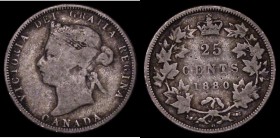 Canada 25 Cents 1880H Narrow 0 in date KM#5 VG with all major details clear