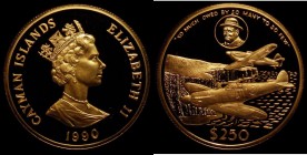 Cayman Islands $250 Gold 1990 Reverse: Cameo of Sir Winston Churchill above Spitfire flying over Dover, 'SO MUCH OWED BY SO MANY TO SO FEW', Gold Proo...