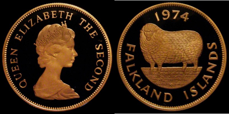 Falkland Islands Five Pounds 1974 Gold Proof, Reverse: Romney Marsh sheep KM#9 F...