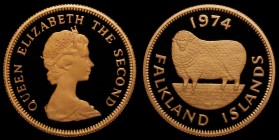 Falkland Islands Two Pounds 1974 Gold Proof, Reverse: Romney Marsh sheep KM#8 a few very minor hairlines, otherwise FDC retaining full original mint b...