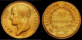 France 40 Francs Gold 1807 I, Limoges Mint KM#A688.2 Fine, a rare date with a mintage of just 1859 pieces
