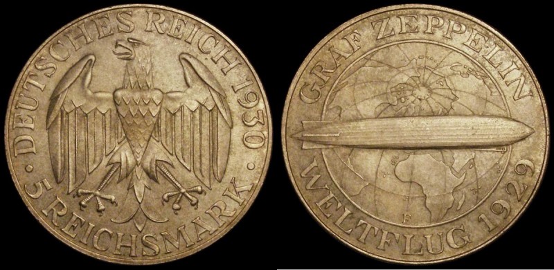 Germany - Weimar Republic 5 Reichsmarks 1930F Graf Zeppelin KM#68 UNC with very ...