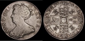 Crown 1708 Plumes ESC 108, Bull 1347 Near Fine/Good Fine, with some edge bruises, the obverse with light haymarking, the reverse showing signs of an u...