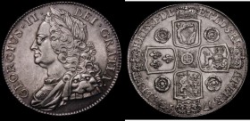 Crown 1743 Roses ESC 124 VF or better/GVF with some hairline scratches in the obverse field, Ex-London Coins Auction A155 Lot 571 realised &pound;1500...