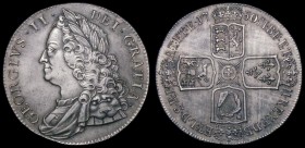 Crown 1750 ESC 127, Bull 1670, UNC or very near so, in an LCGS holder and graded LCGS 75, a most attractive example all George II Crowns elusive and d...