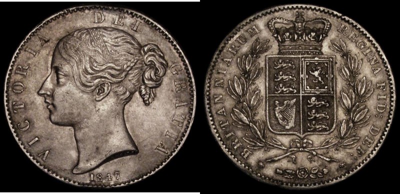 Crown 1847 Young Head ESC 286, Bull 2567 VF toned, the obverse with some contact...