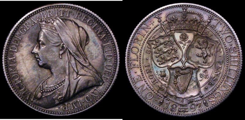 Florin 1893 Proof ESC 877, Bull 2963, Davies 831 dies 2A, First I of VICTORIA po...