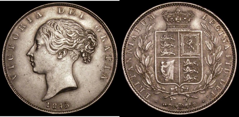 Halfcrown 1845 as ESC 679, Bull 2722 the obverse with the date and most of the l...