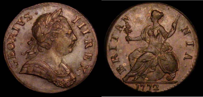 Halfpenny 1772 GEORIVS error Peck 900 About EF/EF and nicely toned the reverse s...