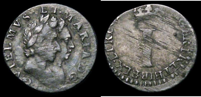 Maundy Penny 1689 GVIELMVS error legend on the obverse, LT for ET error on the r...