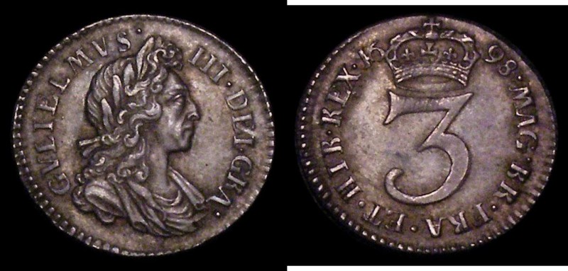 Maundy Threepence 1698 as ESC 2000, Bull 1315, the top right serif of the second...